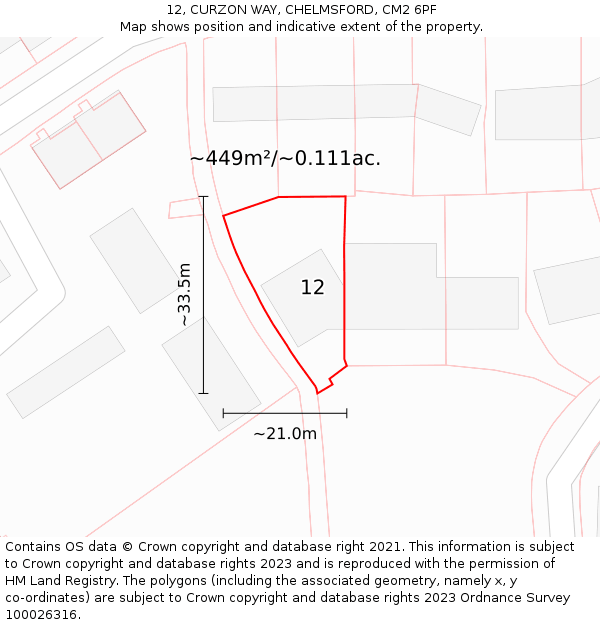 12, CURZON WAY, CHELMSFORD, CM2 6PF: Plot and title map