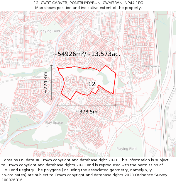 12, CWRT CARVER, PONTRHYDYRUN, CWMBRAN, NP44 1FG: Plot and title map