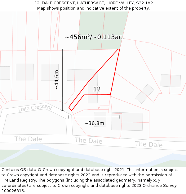 12, DALE CRESCENT, HATHERSAGE, HOPE VALLEY, S32 1AP: Plot and title map