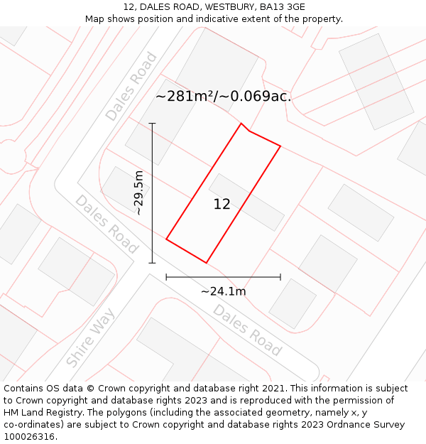 12, DALES ROAD, WESTBURY, BA13 3GE: Plot and title map