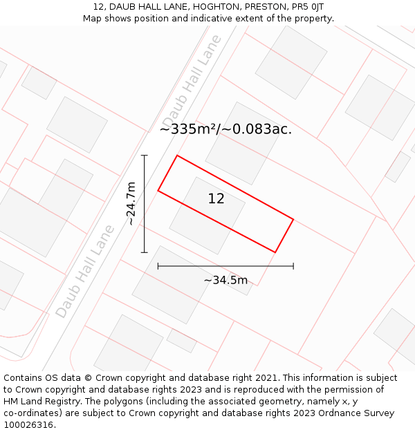 12, DAUB HALL LANE, HOGHTON, PRESTON, PR5 0JT: Plot and title map