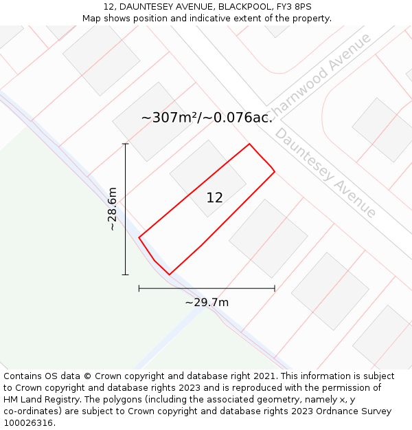 12, DAUNTESEY AVENUE, BLACKPOOL, FY3 8PS: Plot and title map