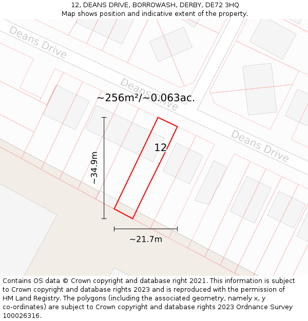 12, DEANS DRIVE, BORROWASH, DERBY, DE72 3HQ: Plot and title map