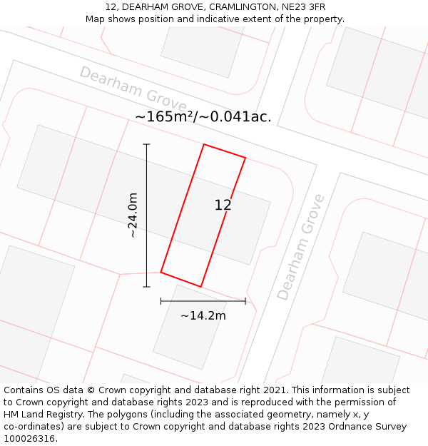 12, DEARHAM GROVE, CRAMLINGTON, NE23 3FR: Plot and title map