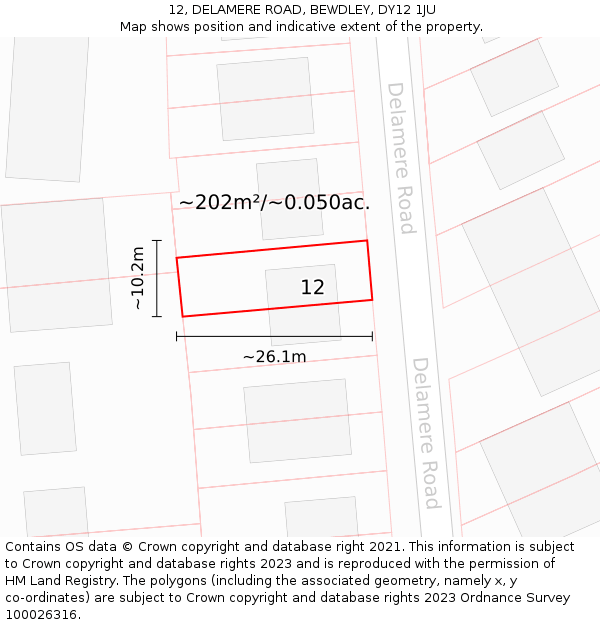 12, DELAMERE ROAD, BEWDLEY, DY12 1JU: Plot and title map