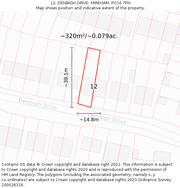 12, DENBIGH DRIVE, FAREHAM, PO16 7PN: Plot and title map