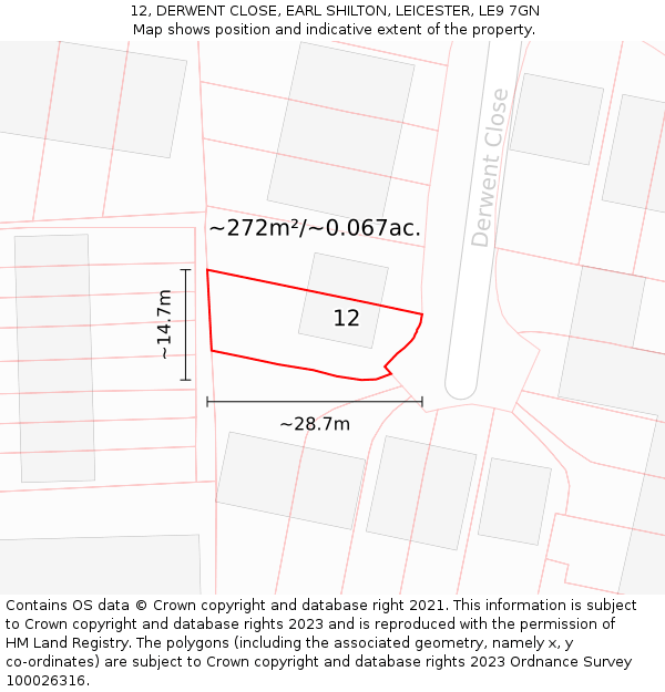 12, DERWENT CLOSE, EARL SHILTON, LEICESTER, LE9 7GN: Plot and title map