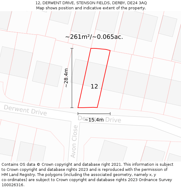 12, DERWENT DRIVE, STENSON FIELDS, DERBY, DE24 3AQ: Plot and title map