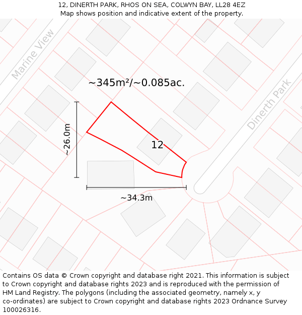 12, DINERTH PARK, RHOS ON SEA, COLWYN BAY, LL28 4EZ: Plot and title map