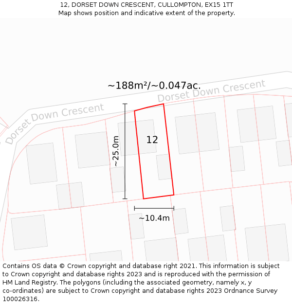 12, DORSET DOWN CRESCENT, CULLOMPTON, EX15 1TT: Plot and title map