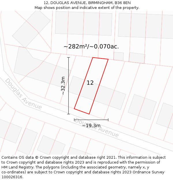 12, DOUGLAS AVENUE, BIRMINGHAM, B36 8EN: Plot and title map