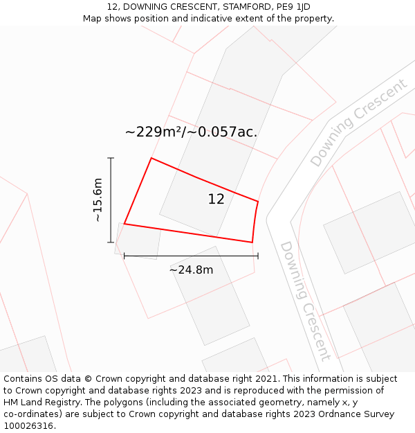 12, DOWNING CRESCENT, STAMFORD, PE9 1JD: Plot and title map