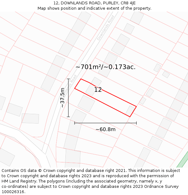 12, DOWNLANDS ROAD, PURLEY, CR8 4JE: Plot and title map