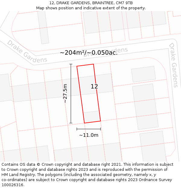 12, DRAKE GARDENS, BRAINTREE, CM7 9TB: Plot and title map