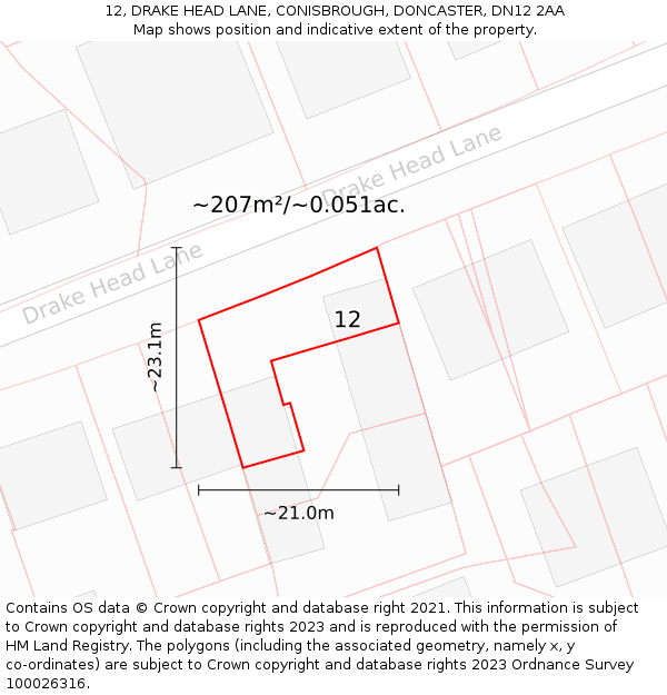 12, DRAKE HEAD LANE, CONISBROUGH, DONCASTER, DN12 2AA: Plot and title map