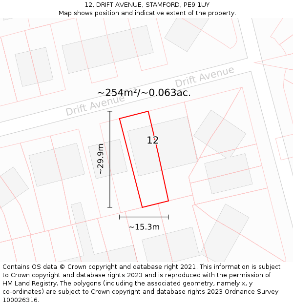 12, DRIFT AVENUE, STAMFORD, PE9 1UY: Plot and title map
