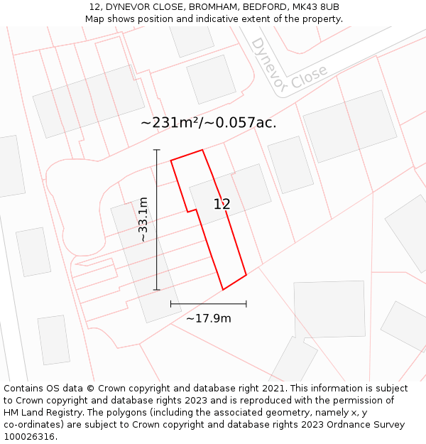 12, DYNEVOR CLOSE, BROMHAM, BEDFORD, MK43 8UB: Plot and title map