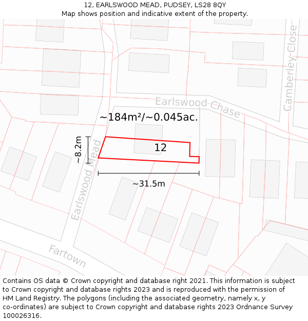 12, EARLSWOOD MEAD, PUDSEY, LS28 8QY: Plot and title map