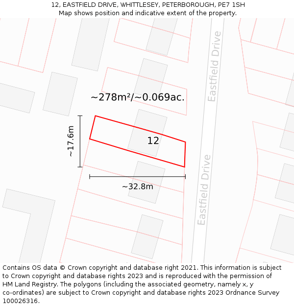 12, EASTFIELD DRIVE, WHITTLESEY, PETERBOROUGH, PE7 1SH: Plot and title map