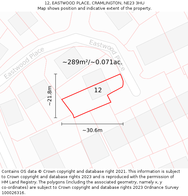 12, EASTWOOD PLACE, CRAMLINGTON, NE23 3HU: Plot and title map