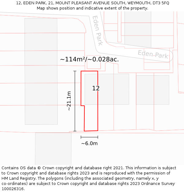 12, EDEN PARK, 21, MOUNT PLEASANT AVENUE SOUTH, WEYMOUTH, DT3 5FQ: Plot and title map