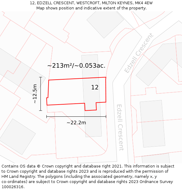 12, EDZELL CRESCENT, WESTCROFT, MILTON KEYNES, MK4 4EW: Plot and title map