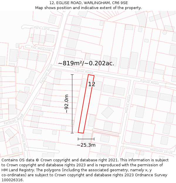 12, EGLISE ROAD, WARLINGHAM, CR6 9SE: Plot and title map