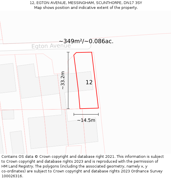 12, EGTON AVENUE, MESSINGHAM, SCUNTHORPE, DN17 3SY: Plot and title map