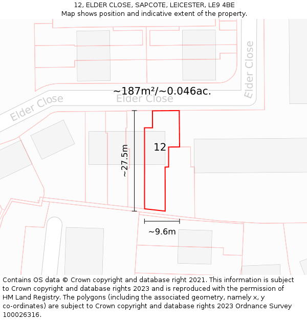 12, ELDER CLOSE, SAPCOTE, LEICESTER, LE9 4BE: Plot and title map