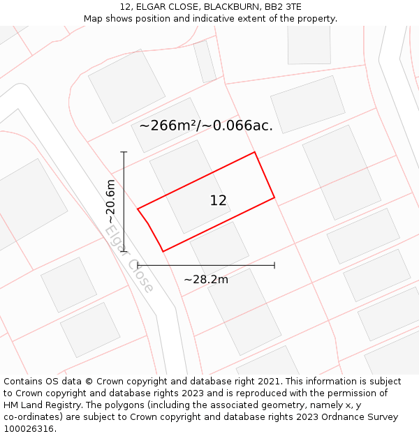 12, ELGAR CLOSE, BLACKBURN, BB2 3TE: Plot and title map