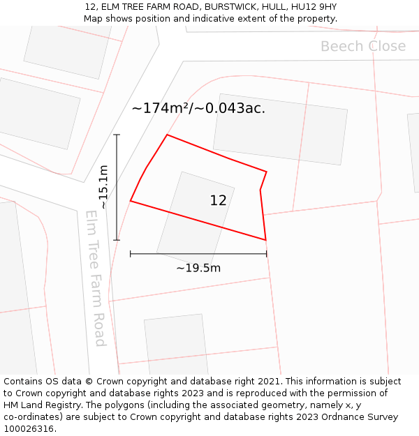 12, ELM TREE FARM ROAD, BURSTWICK, HULL, HU12 9HY: Plot and title map