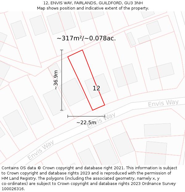 12, ENVIS WAY, FAIRLANDS, GUILDFORD, GU3 3NH: Plot and title map