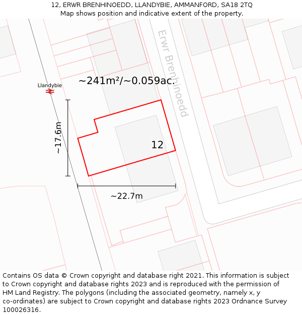 12, ERWR BRENHINOEDD, LLANDYBIE, AMMANFORD, SA18 2TQ: Plot and title map