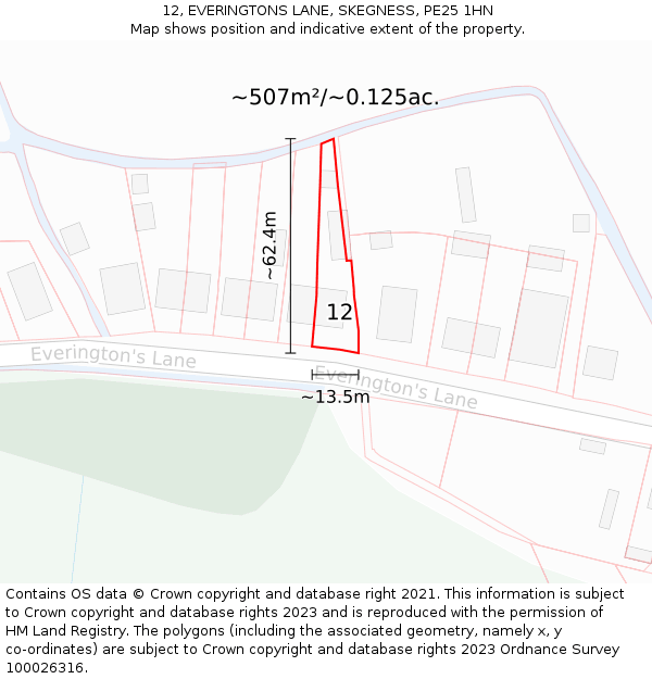 12, EVERINGTONS LANE, SKEGNESS, PE25 1HN: Plot and title map