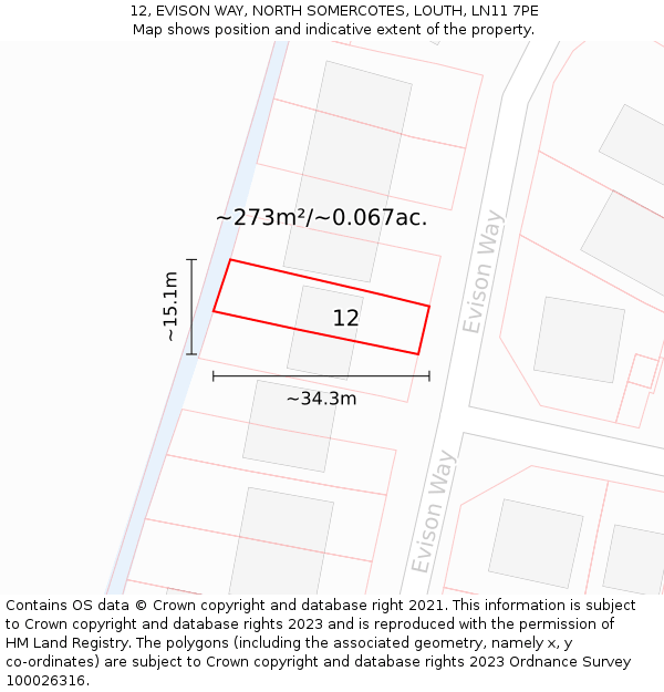 12, EVISON WAY, NORTH SOMERCOTES, LOUTH, LN11 7PE: Plot and title map