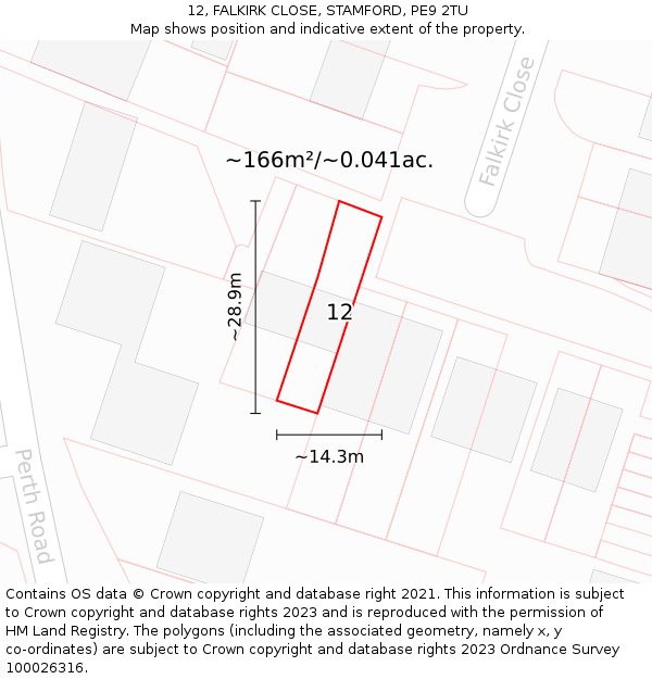 12, FALKIRK CLOSE, STAMFORD, PE9 2TU: Plot and title map