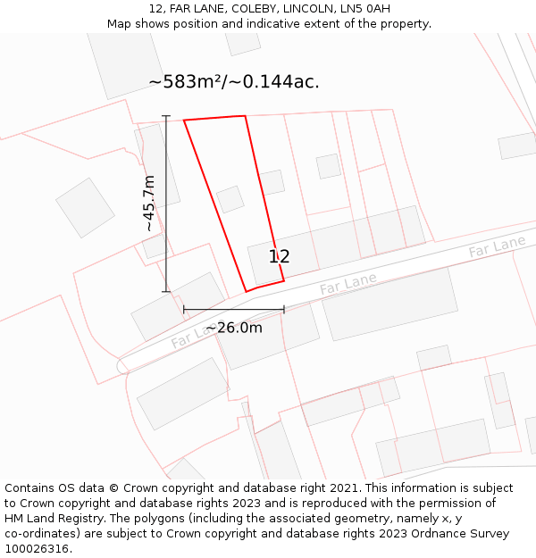 12, FAR LANE, COLEBY, LINCOLN, LN5 0AH: Plot and title map