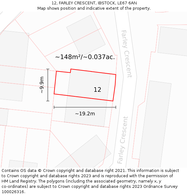 12, FARLEY CRESCENT, IBSTOCK, LE67 6AN: Plot and title map