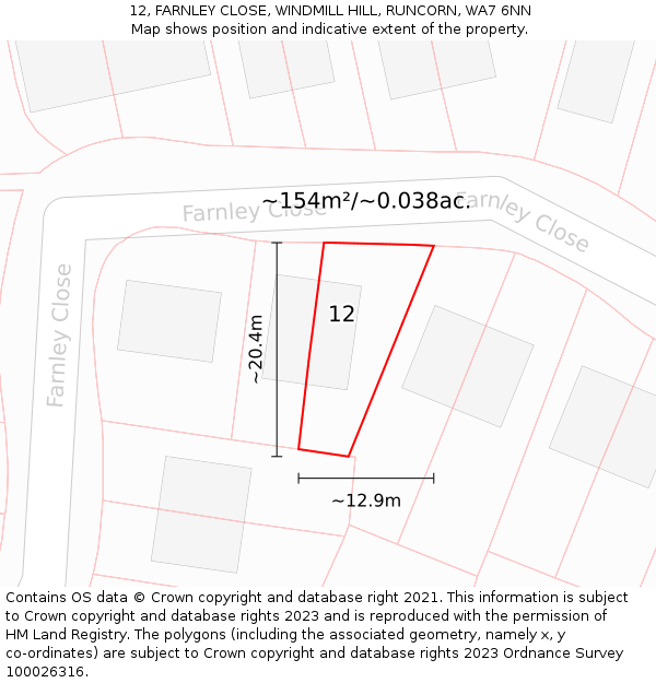 12, FARNLEY CLOSE, WINDMILL HILL, RUNCORN, WA7 6NN: Plot and title map