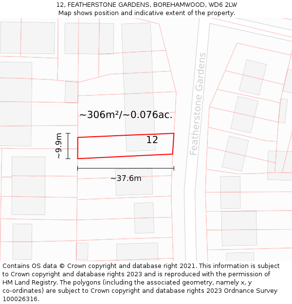 12, FEATHERSTONE GARDENS, BOREHAMWOOD, WD6 2LW: Plot and title map