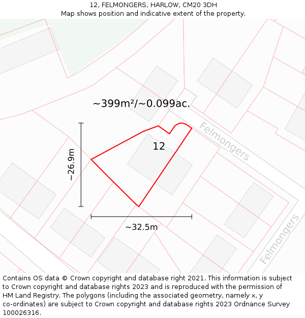 12, FELMONGERS, HARLOW, CM20 3DH: Plot and title map