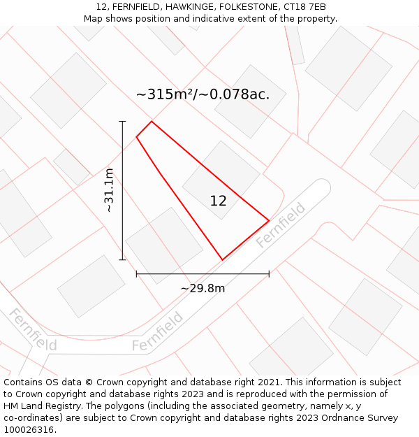 12, FERNFIELD, HAWKINGE, FOLKESTONE, CT18 7EB: Plot and title map