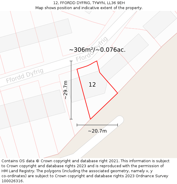 12, FFORDD DYFRIG, TYWYN, LL36 9EH: Plot and title map