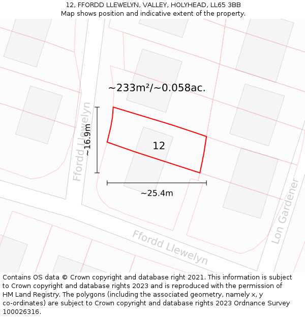 12, FFORDD LLEWELYN, VALLEY, HOLYHEAD, LL65 3BB: Plot and title map