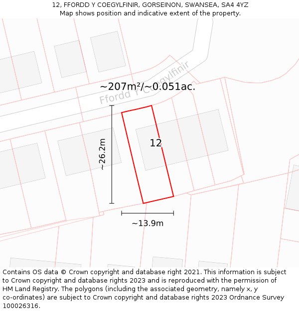 12, FFORDD Y COEGYLFINIR, GORSEINON, SWANSEA, SA4 4YZ: Plot and title map