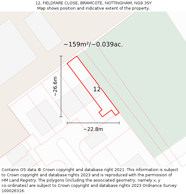 12, FIELDFARE CLOSE, BRAMCOTE, NOTTINGHAM, NG9 3SY: Plot and title map