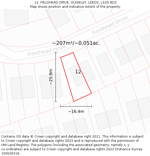 12, FIELDHEAD DRIVE, GUISELEY, LEEDS, LS20 8DZ: Plot and title map