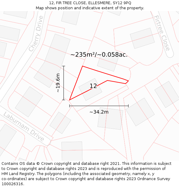 12, FIR TREE CLOSE, ELLESMERE, SY12 9PQ: Plot and title map