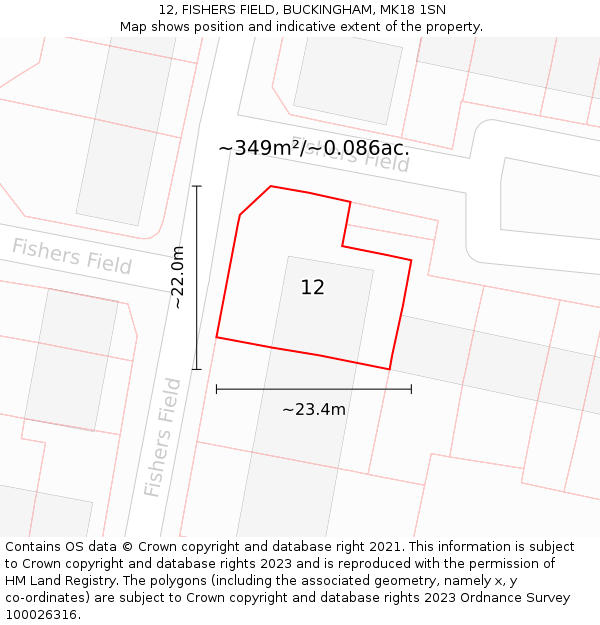 12, FISHERS FIELD, BUCKINGHAM, MK18 1SN: Plot and title map