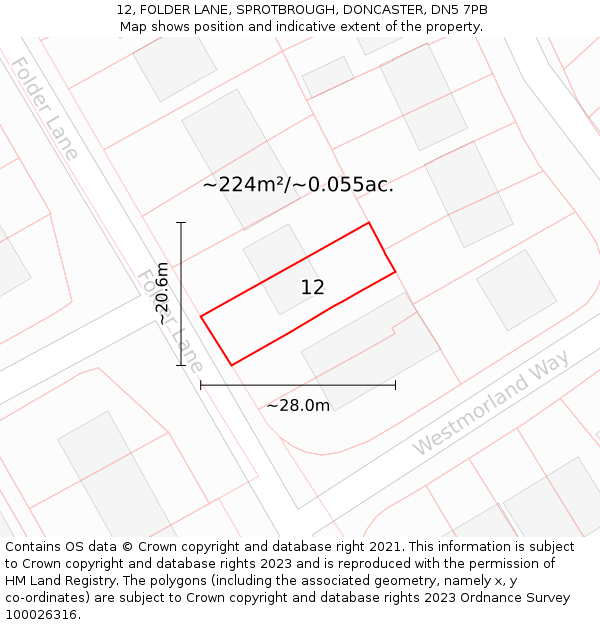 12, FOLDER LANE, SPROTBROUGH, DONCASTER, DN5 7PB: Plot and title map